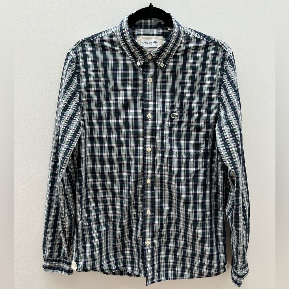 Lacoste Slim Fit Men’s Long Sleeve Button Down Green Blue White NWOT